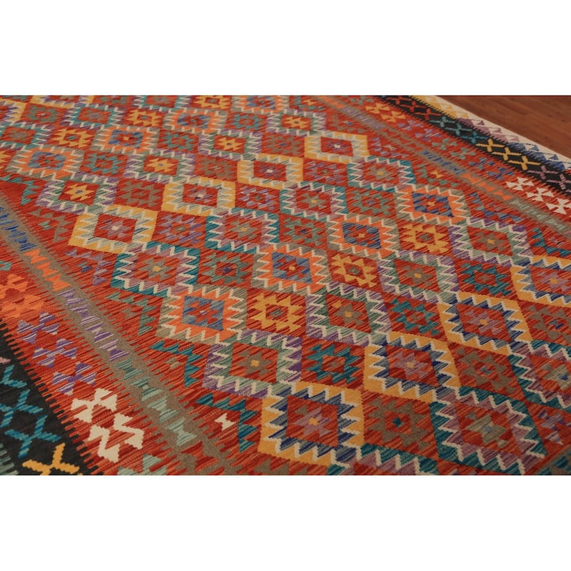 South Western Style Kilim Oriental Rug Hand-Woven Orange Wool Carpet - 8'0"x 11'4"