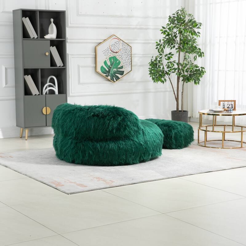 Fluffy Bean Bag Chair with Ottoman, Comfy Bean Bag Lounger for Adults and Kids, Ultra Soft Lazy Sofa Chair with Memory Foam