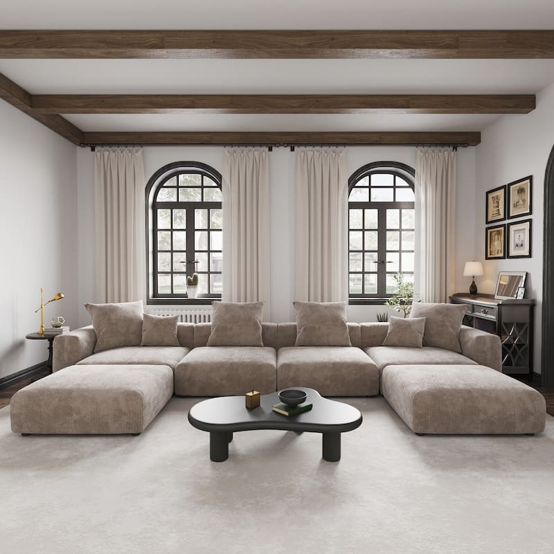 Large Modular Sectional Sofa Corduroy Upholstery U-Shaped 4 Seater with 2 Ottoman and 5 Pillows - Light Brown