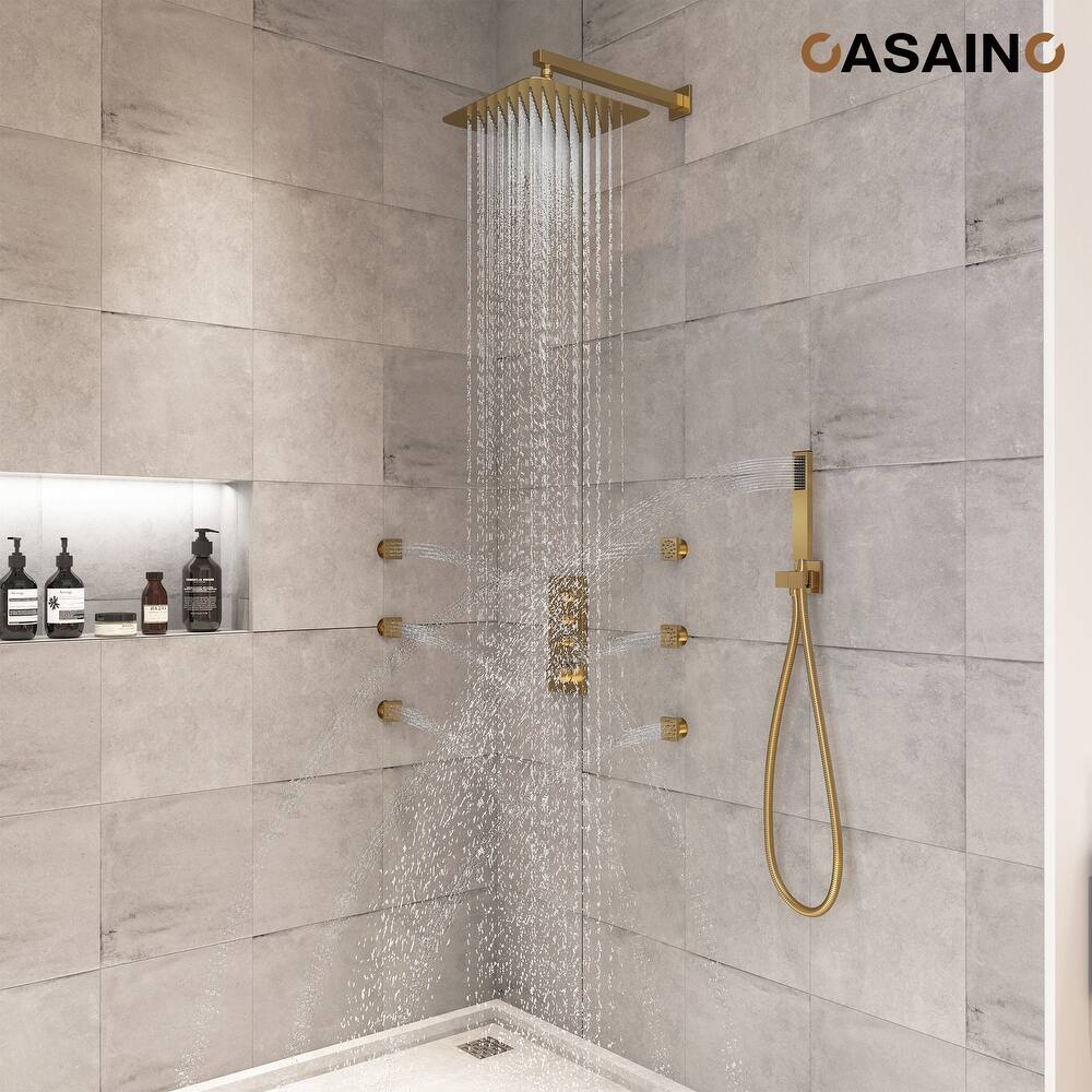 Luxury Thermostatic Shower System 1-Spray Patterns Wall Mount Fixed Shower Head and Handheld Spray with 6 Body Jets - 12" x 12"