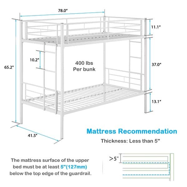 dimension image slide 1 of 4, Bunk Bed Metal Twin Size Bunk Beds Frame with Ladder & Full-Length Guardrail Heavy Duty Sturdy 2 in 1 Convertible Bunk Bed