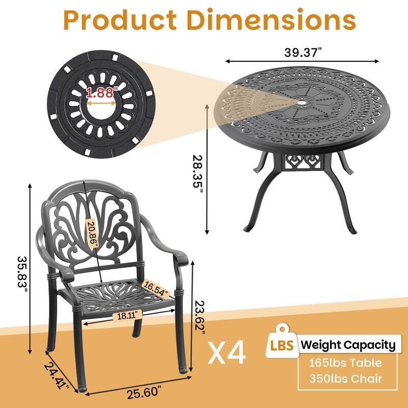 5-Piece Cast Aluminum Outdoor Dining Set with 39.37 in. Round Table and Seat Cushions