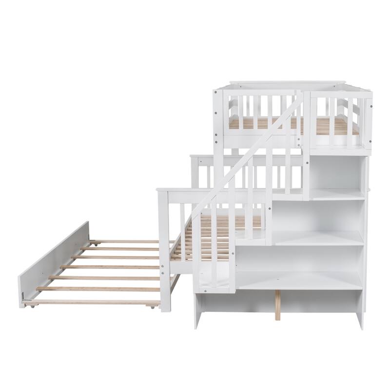 Twin-Over-Full Bunk Bed with Trundle, Storage, and Guard Rail for Bedroom or Dorm