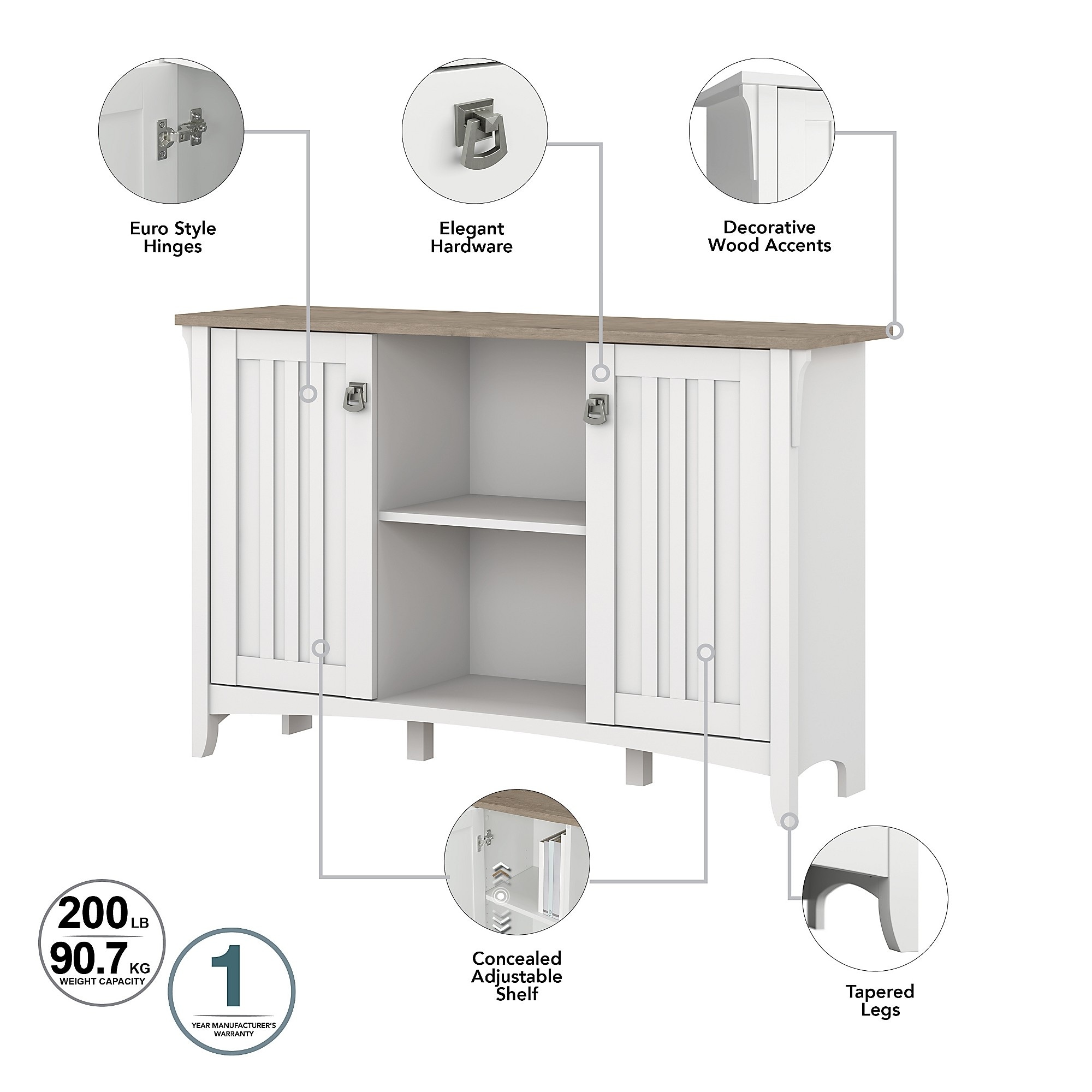 Bush Furniture Salinas Accent Storage Cabinet – Gray, 2 Doors, Farmhouse Style, 46"W X 13"D X 30"H