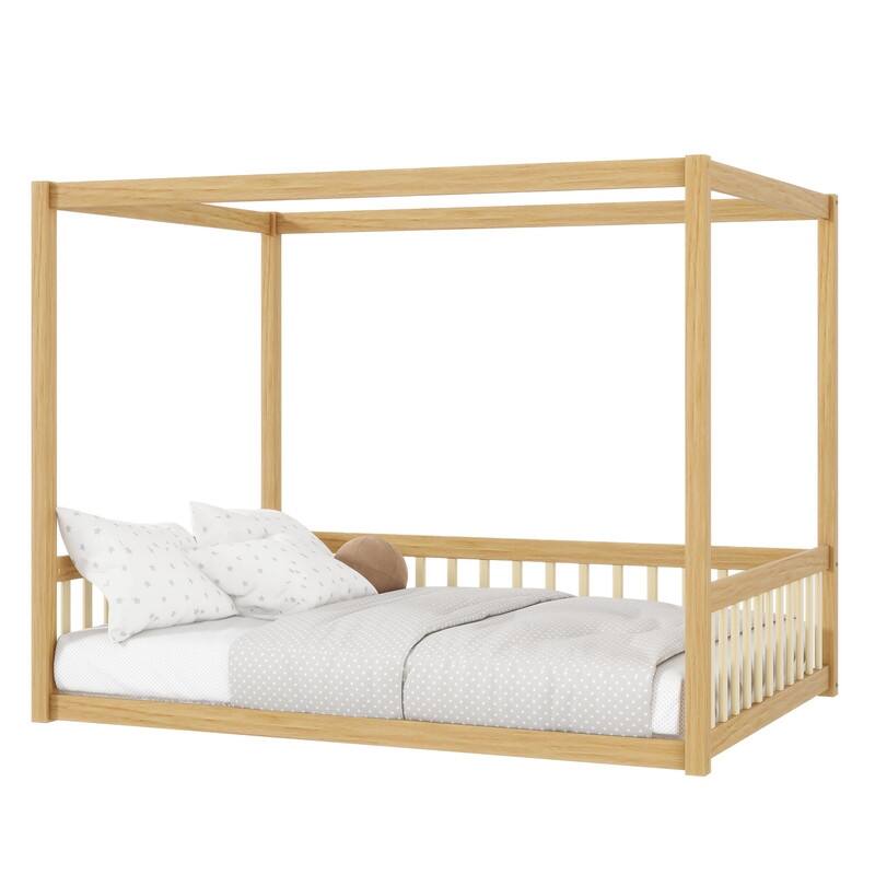 Full Size Rubber Wood Floor Bed Canopy Bed with Fence,Guardrails