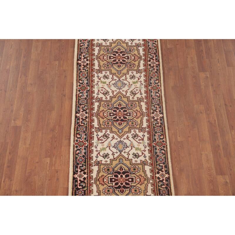 Geometric Heriz-Serapi Runner Rug Hand-Knotted Bedroom Wool Carpet - 2'6"x 8'0"