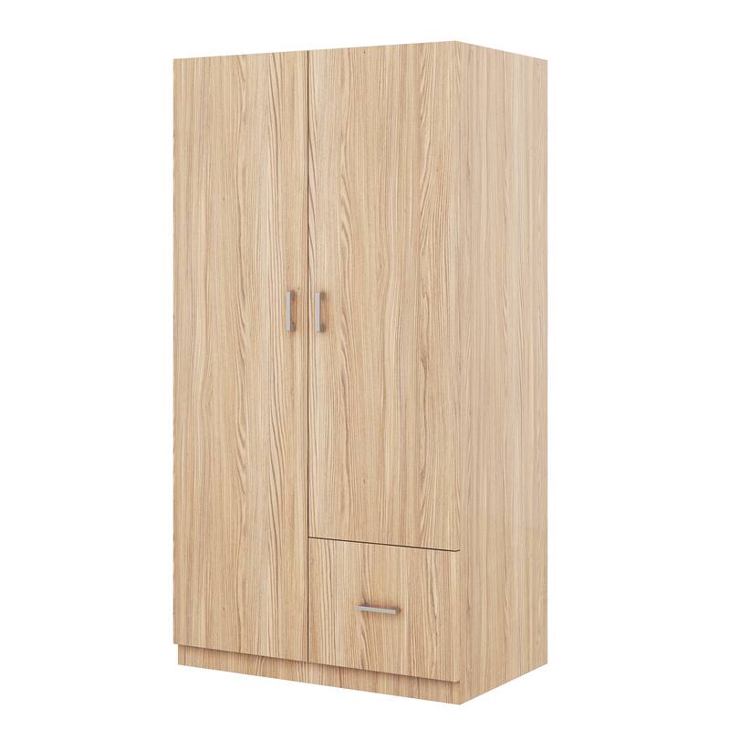 Wooden Floor Wardrobe with Double Doors, Modern Armoire with 5 Fixed Shelves, Storage Drawer Built-in Hanging Rod for Bedroom