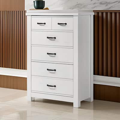 Jermy 47 Inch Tall Dresser, 5 Drawers, Black Handles, Crisp White Finish