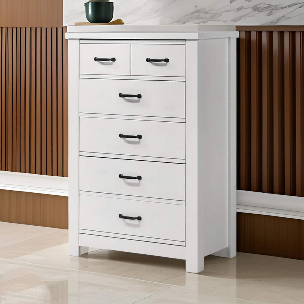 Jermy 47 Inch Tall Dresser, 5 Drawers, Black Handles, Crisp White Finish