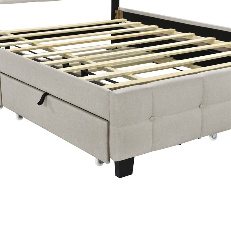Queen Size Upholstered Platform Bed w/ LED Frame, Twin XL Size Trundle