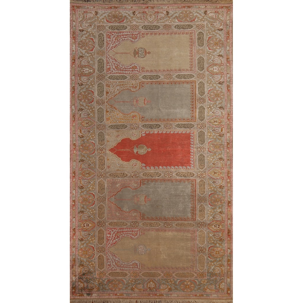 Hand Knotted Oriental Silk Carpet Transitional Geometric Multi-Colored Anatolian Area Rug - 7' 6'' X 4' 0''