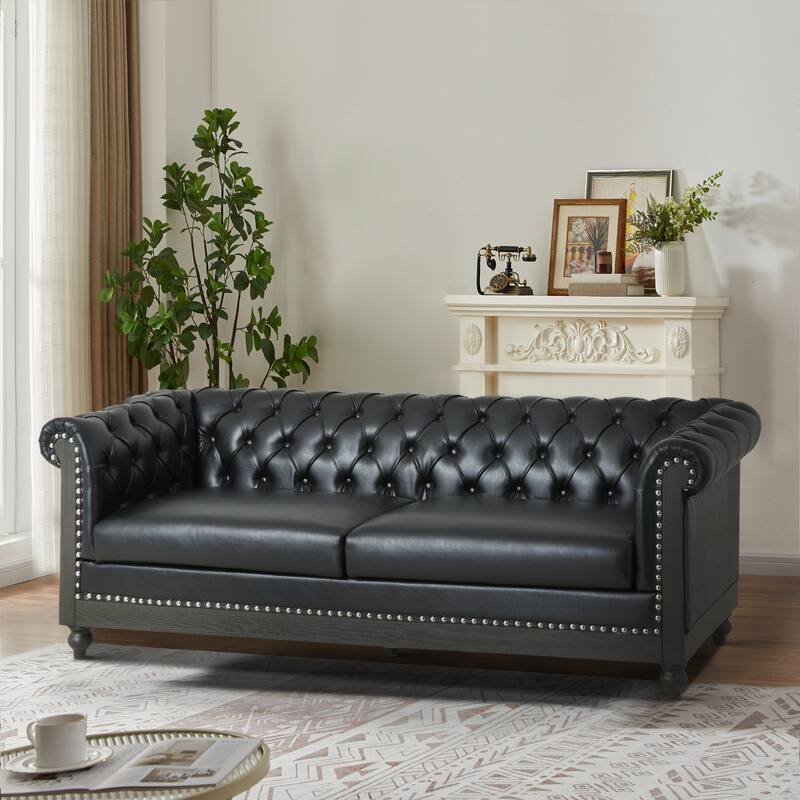 3-Seat Sofa with Wooden Legs, Retro Style, Black PU for Living Room and Study - Multi-Color