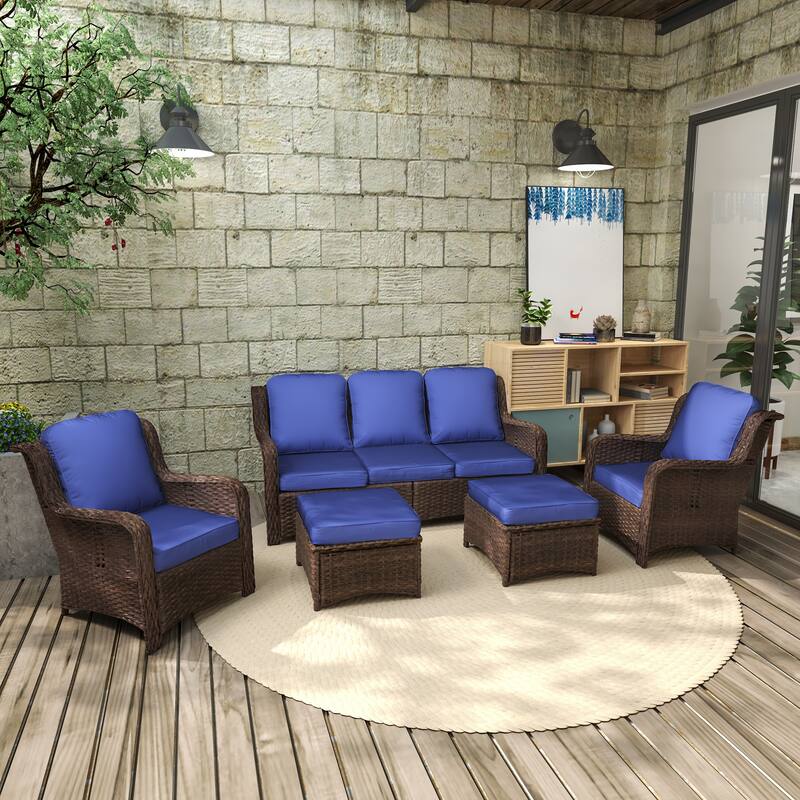 GDFStudio - Celeste 5-Piece Outdoor Rattan Sectional Seating Set with Cushions for Patio and Garden Comfort - Brown Grey,Navy Blue