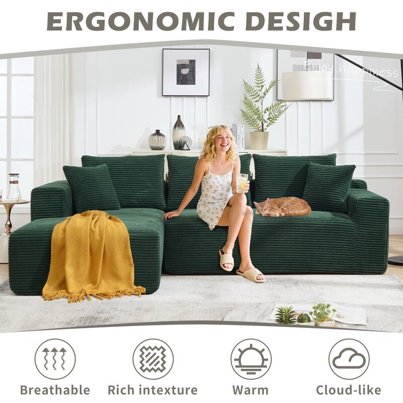 Modular Sectional Cloud Sofa with L-Shape Chaise, Oversized Corduroy Upholstered Boneless Sofa, Corner Sofa with Deep Seat - Green