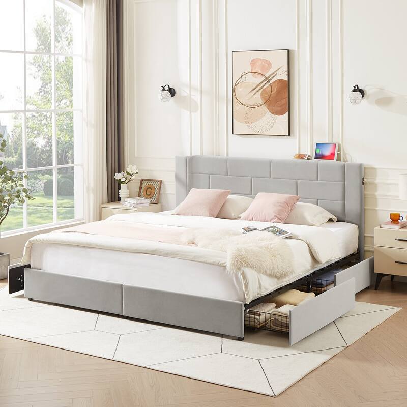 VECELO Upholstered Storage Bed Frame with 2 Side USB Ports and 4 Big Space Drawers, Velvet Headboard and Charging Station-Ports