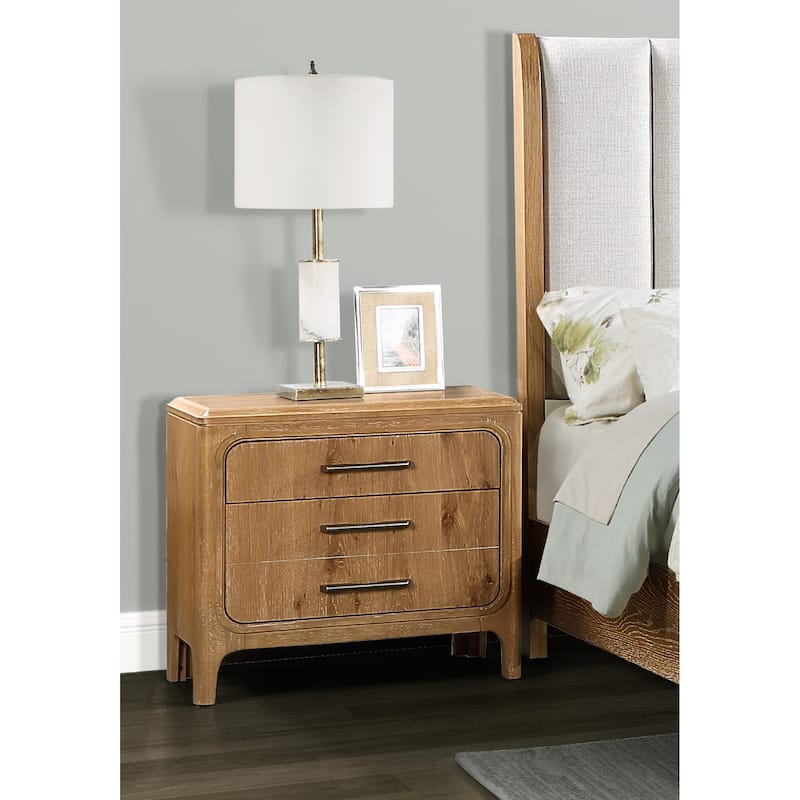 1pc Natural Wood Finish Three Drawer Nightstand Wooden Bedroom Furniture