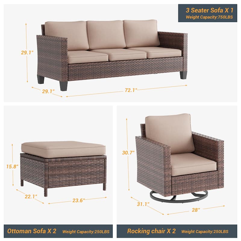 LIVOOSUN 5Pcs Patio Brown Rattan Outdoor Furniture Swivel Rocking Sofa Set