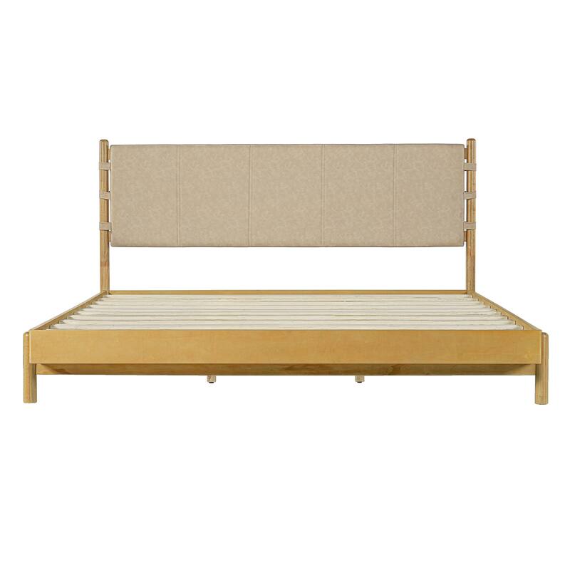 Low-Profile Platform Bed Frame with Upholstered Panel Headboard Wood Slat Supports and Center Support Legs for Bedroom Apartment