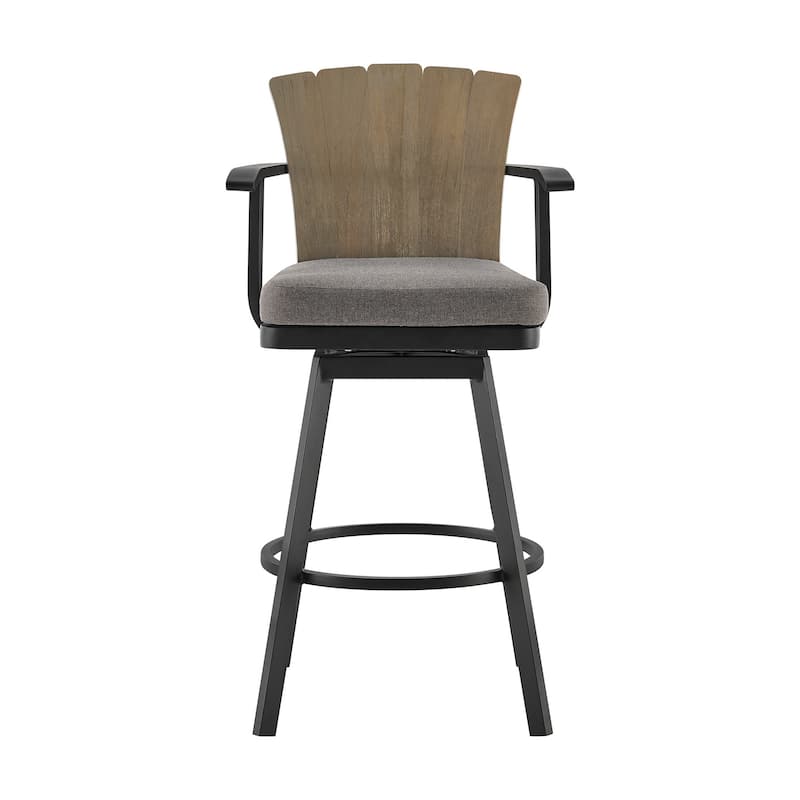 Luna 30 Inch Outdoor Swivel Barstool Chair, Rustic Teak Wood, Black