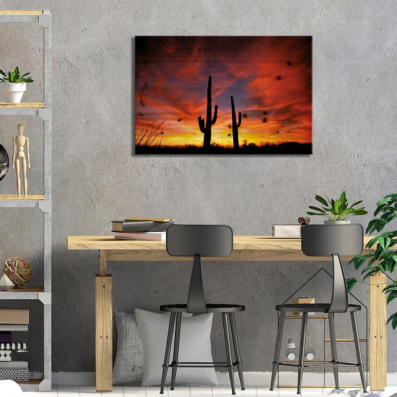 A Pair Of Saguaro Cacti At Sunset, Sonoran Desert, Arizona, USA Print On Wood by Marilyn Parver - Multi-Color