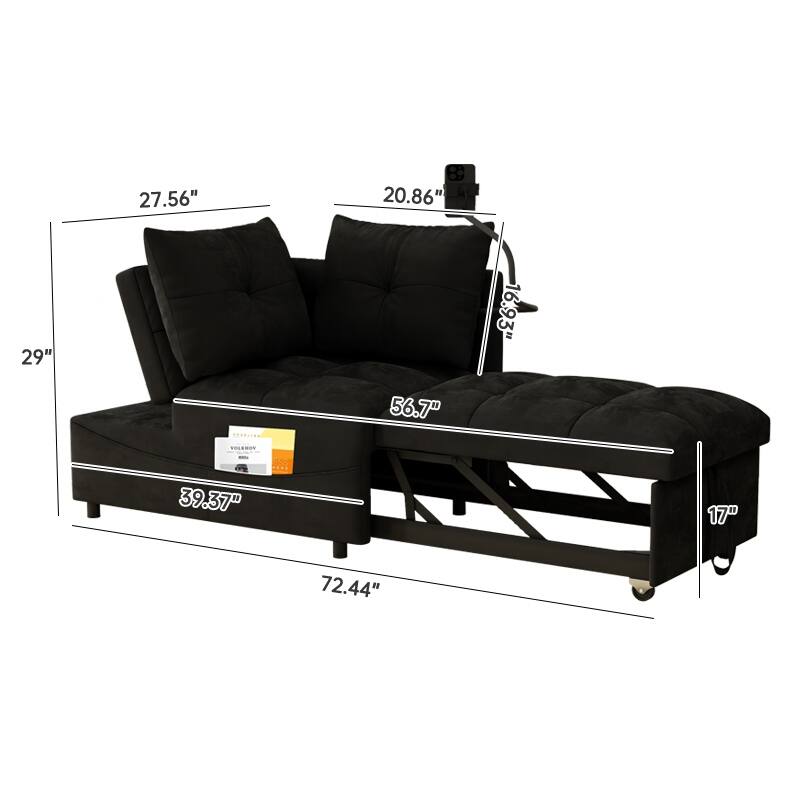 Velvet Pull-Out Bed Loveseat Sofa, Adjustable Back Tufted Futon Sofa with USB port and swivel Phone Stand, Pockets
