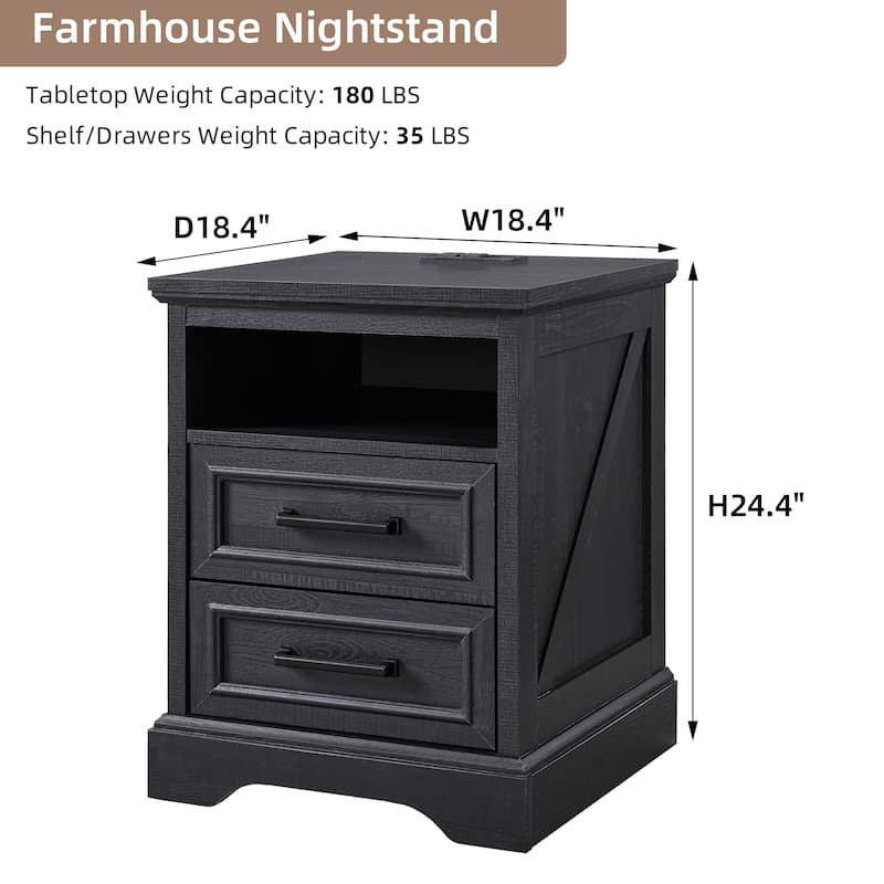 Farmhouse Nightstand Set of 2 with Charging Station, End Table