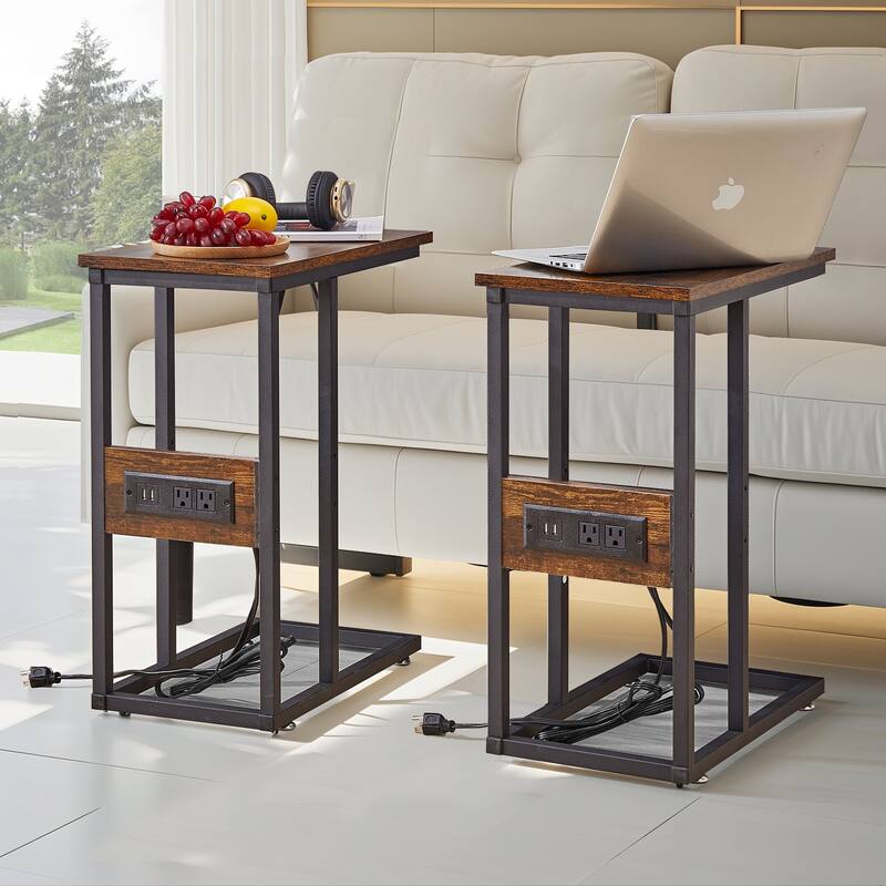 VECELO C Shaped End Table with Charging Station Sofa Table with USB Ports and Outlets C Couch Rustic Snack Bed Table - 11x19x24
