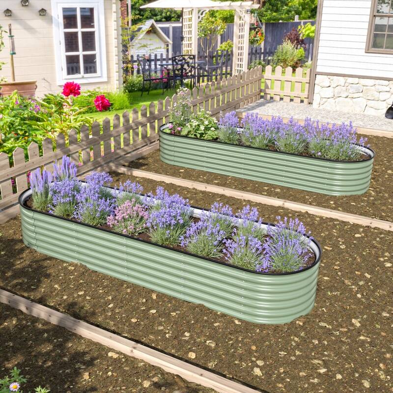 VEIKOUS 9-in-1 Modular Galvanized Metal Raised Garden Bed Kit, Bottomless Design with Safe Oval Corners & Stainless Hardware - Olivegreen