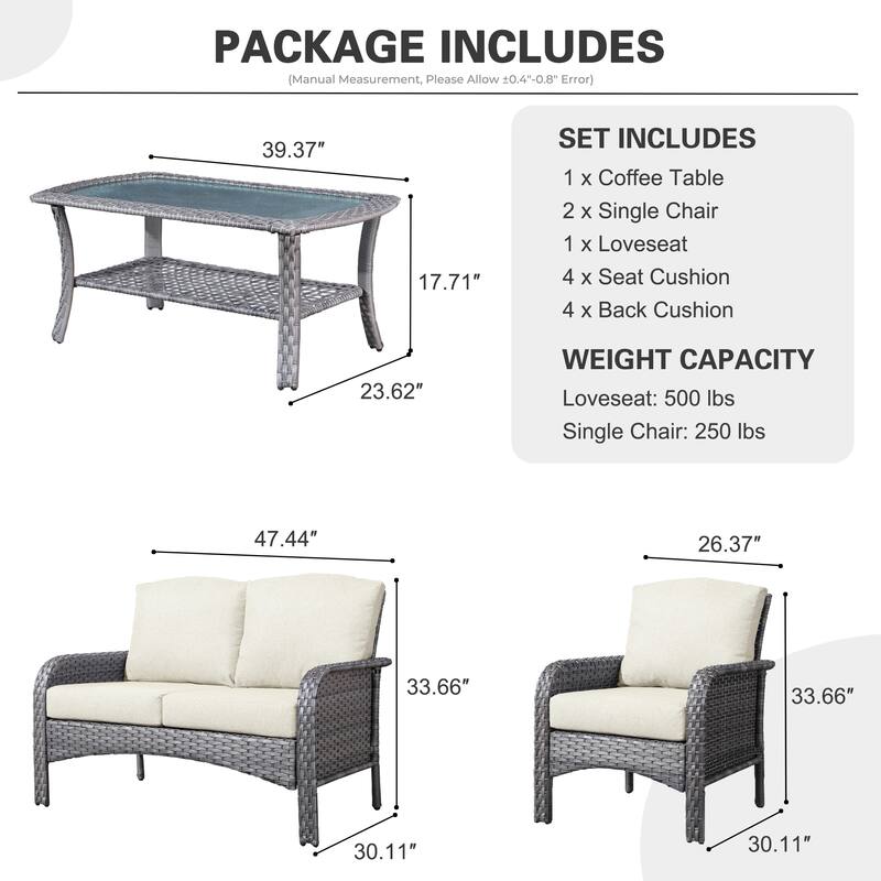 HOOOWOOO 4-piece Wicker Outdoor Conversation Sofa Set with Glass Coffee Table