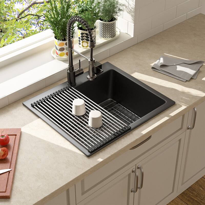 25"/33" Topmount/Drop-in Granite Composite Kitchen Sink Top Counter Single Bowl Sink