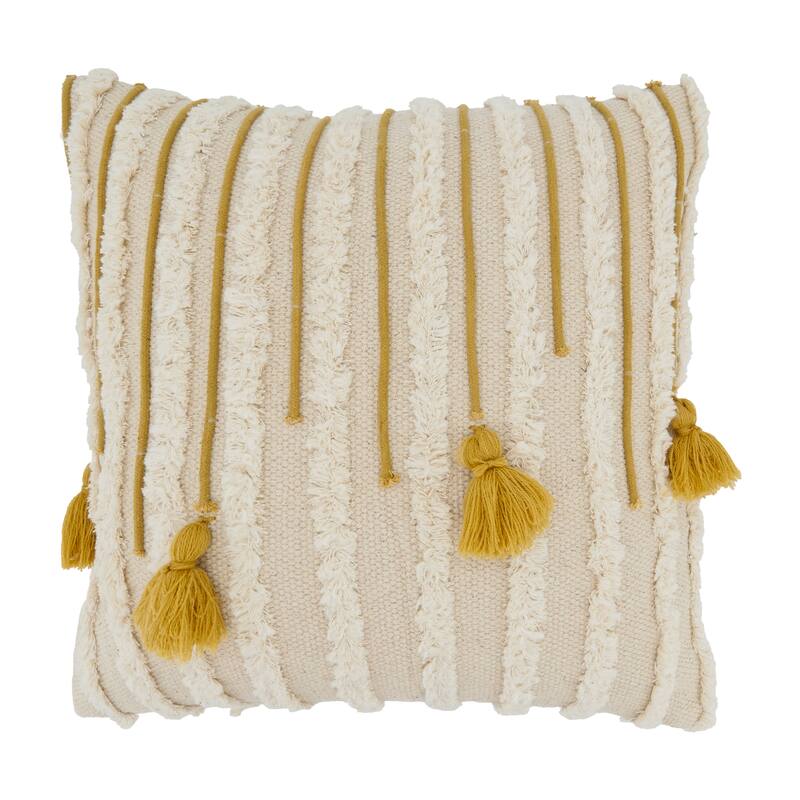 Artisanal Tassel and Tufted Throw Pillow - 20"x20" - Polyester - Natural