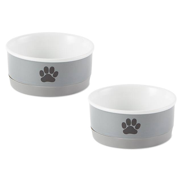 DII Pet Bowl Black Paw Print Gray Small 4.25dx2h (Set of 2) - Gray Paw - Small Bowl Set