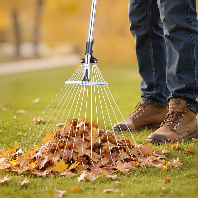 Stainless Steel Leaf Rake with 15 Metal Tines for Lawn - 62.99 x 22.44 x 2.17 in