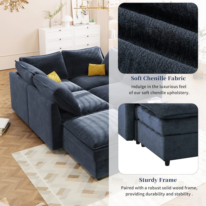 6-Piece Modular Sofa Bed 126" with Under-Seat Storage, Faux Cushions