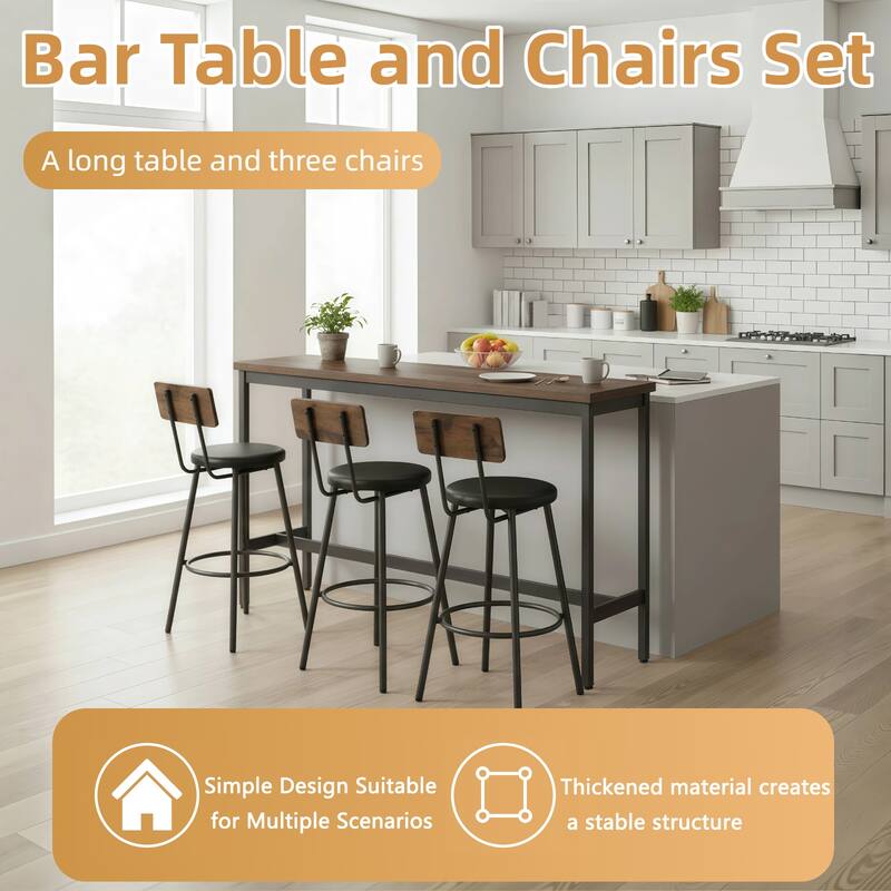 Bar Table and Chairs Set for 3, 4 Piece Industrial Dining Table Set with 3 PU Upholstered Bar Stools
