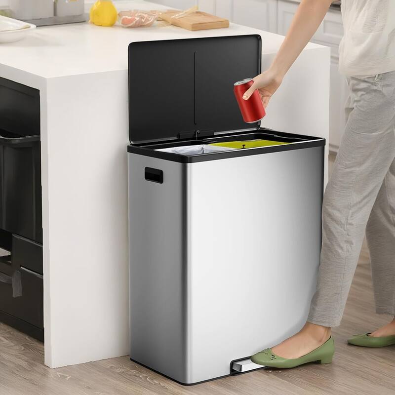 2x8 Gal Dual Compartment Step Trash Can for Kitchen Home Office - Silver