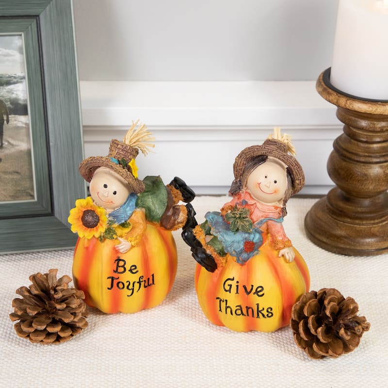 Set of 2 Girl and Boy Scarecrows on Pumpkins Fall Figurines 6"