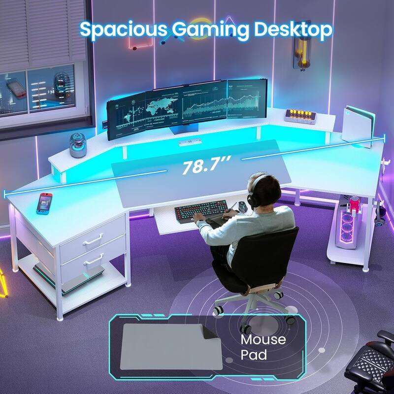 79" Gaming Desk 2 Fabric Drawers Gaming Table Power Strip & LED Lights