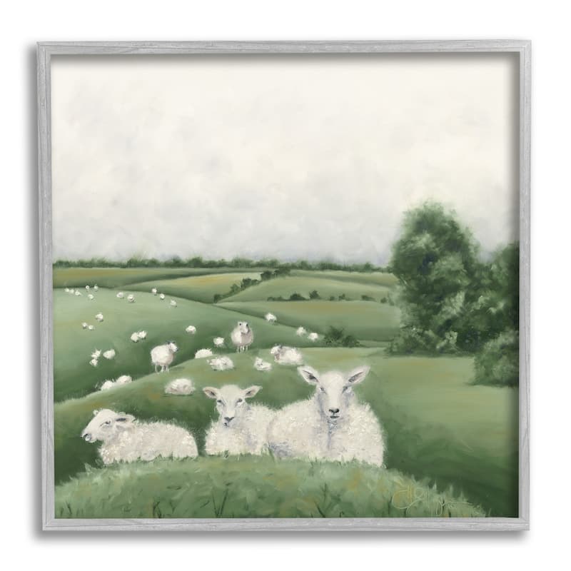 Stupell Flock Of Sheep in Green Rolling Hills Illustration Framed Wall Art,12x12