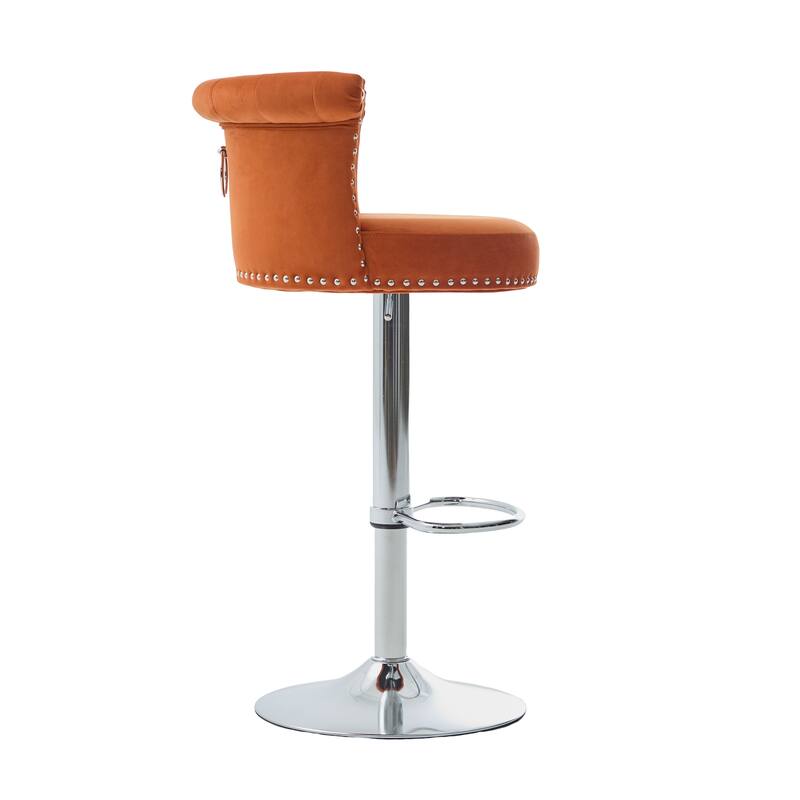 Velvet Upholstered Bar Stool Set of 2, Adjusatble Height Swivel Bar Stools, Dining Chairs with Curved Backrest & Footrest