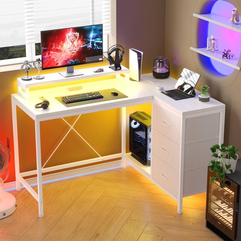 L Shaped Desk with Power Outlets & LED Lights