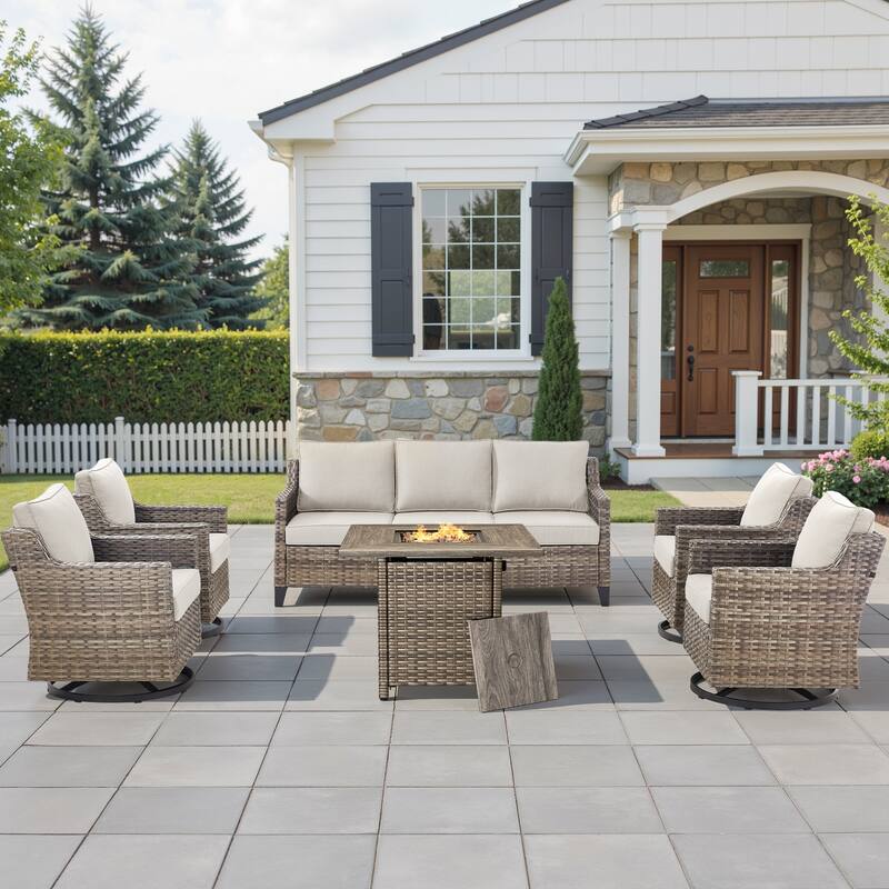 Pocassy Outdoor Swivel Chair with Sofa with Fire Pit Table - Beige Cushion Gray Wicker - 6-Piece Fire Pit Table w/ Sofa Swivel Chair