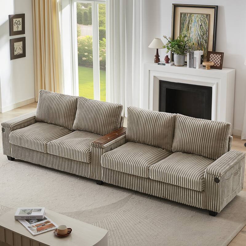 133" Corduroy Sectional Sofa with USB & Flip-Top Storage - Brown