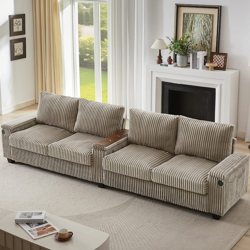 4-seater Brown Corduroy Sofa with Storage, Cup Holders, USB Ports, 133" Length