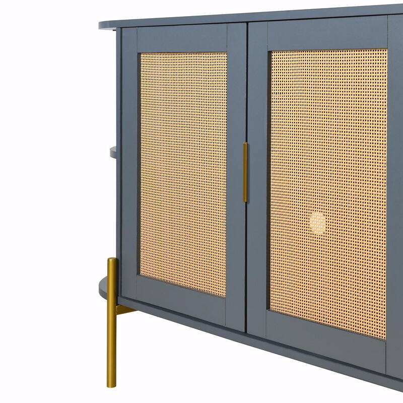 2-Door Curved Dining Cabinet - Elegant with Gold Trim and Woven Rattan Doors