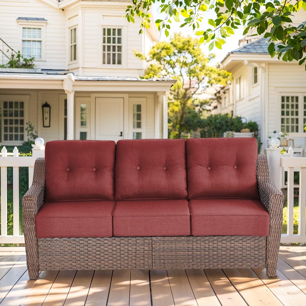 Outdoor 3 Seater Sofa Deep Seat Sofa - Grey Cushion - Brown