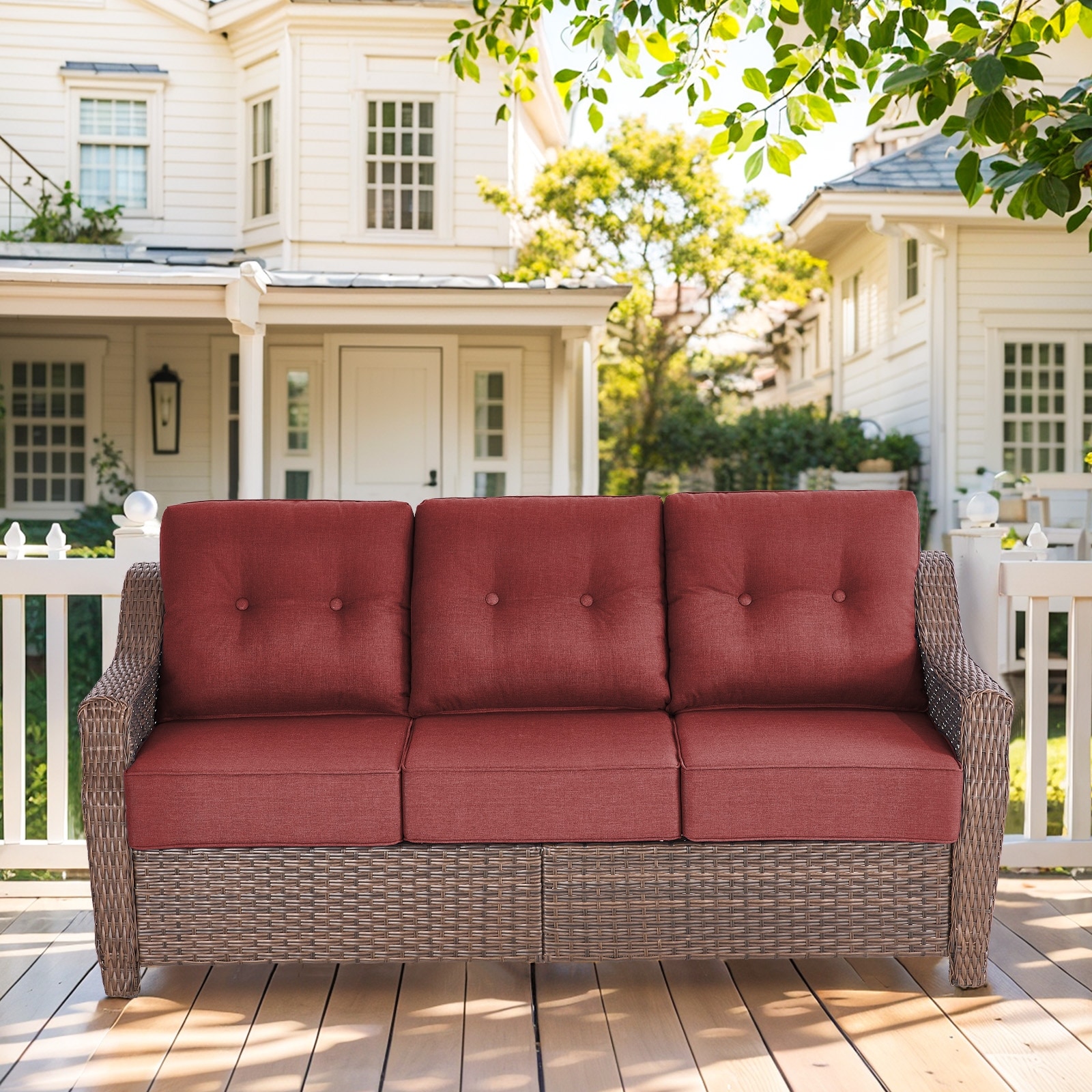 Outdoor 3 Seater Sofa Deep Seat Sofa - Grey Cushion - Brown