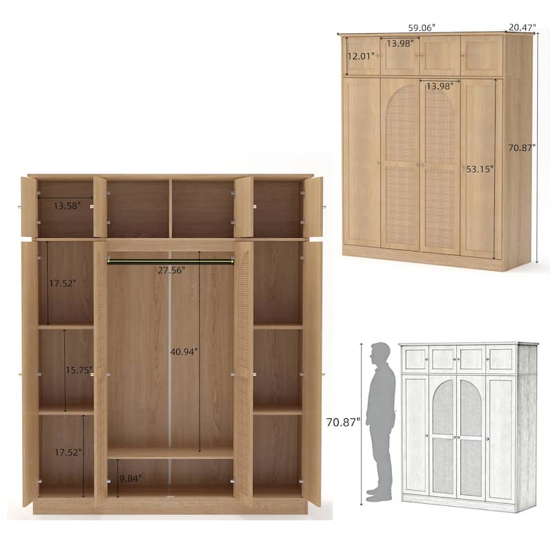 70.87" Tall 8-Door Armoire Wardrobe Closet with Hanging Rod, Natural Clothing Storage Cabinet for Bedroom