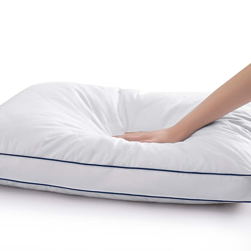 Gusseted Quilted Goose Feather Down Bed Pillow Cotton Cover Set of 2 - White