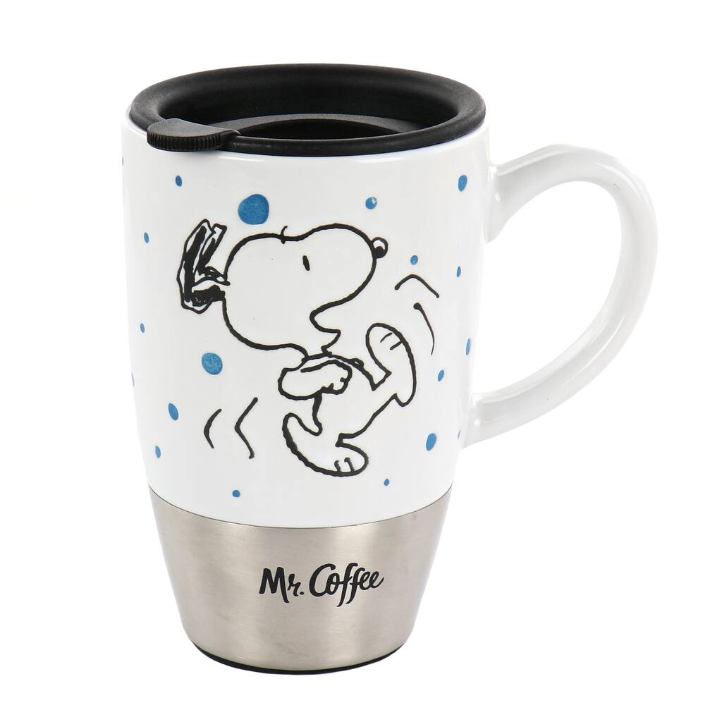 Mr. Coffee Snoopy Time 15 Ounce Ceramic Travel Mug in White With Lid